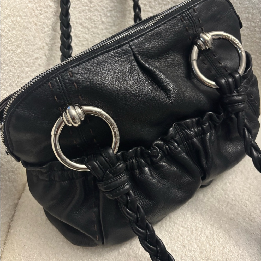 B. Makowsky Black Leather Shoulder Bag with Silver Accents